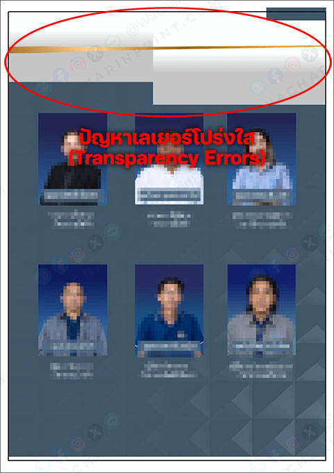 ปัญหาเลเยอร์โปร่งใส (Transparency Errors) การใส่ Effect เงา (Drop Shadow) หรือการปรับค่าโปร่งใส (Opacity) ใน Canva มักมีปัญหากับเครื่องพิมพ์ระบบเก่า (RIP) ทำให้เกิดแถบสีขาวรอบๆ วัตถุ หรือสีตรงนั้นเพี้ยนไป